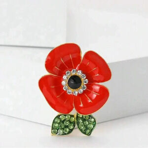 Elegant Red Flower Brooch with Green Leaves